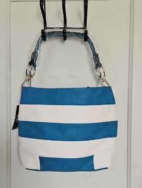 NWT Mia Farrow Blue and White Striped Women's Vegan Shoulder Bag/ Tote